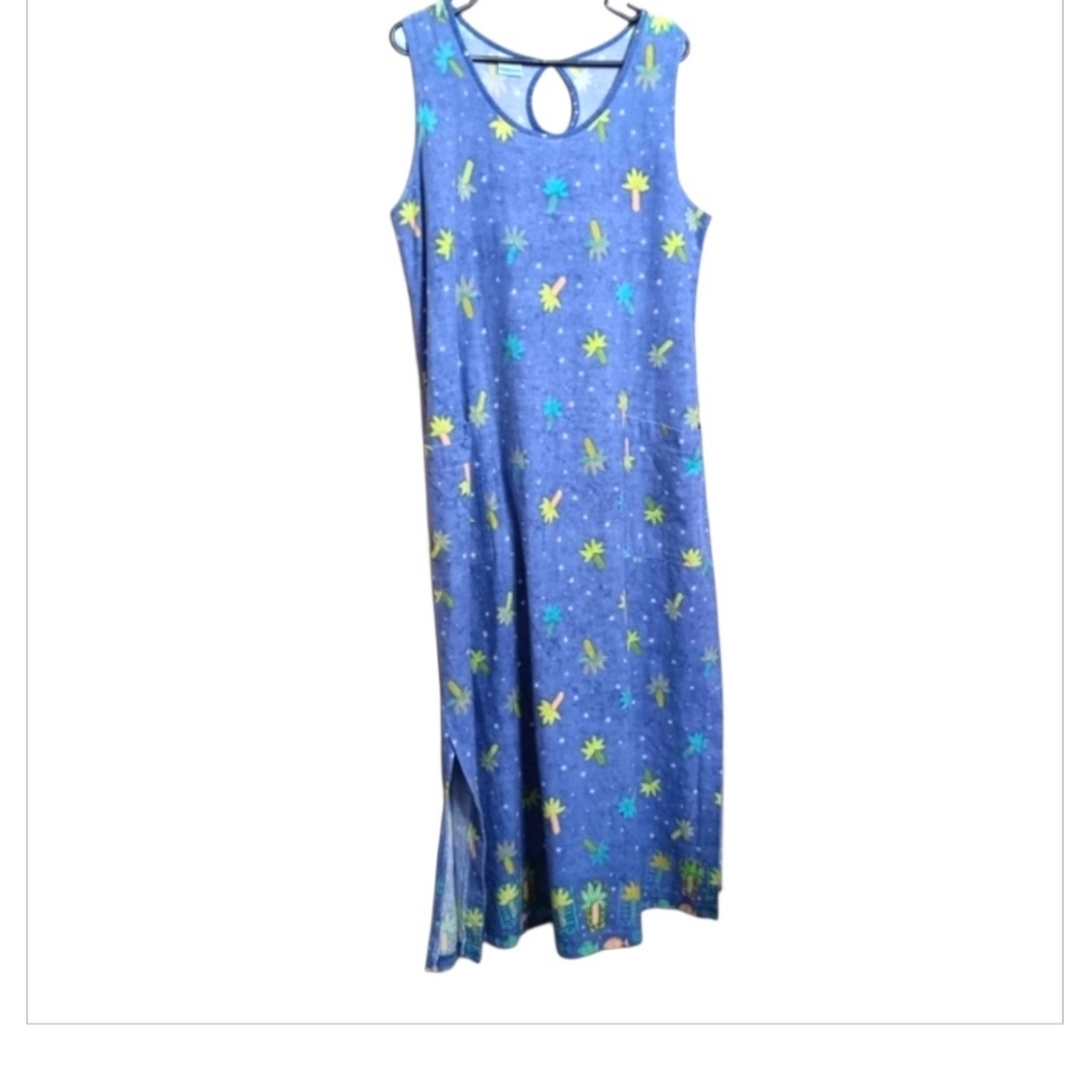 On White Purple Pink Green Palm Tree Stars Cotton Knit Maxi Dress